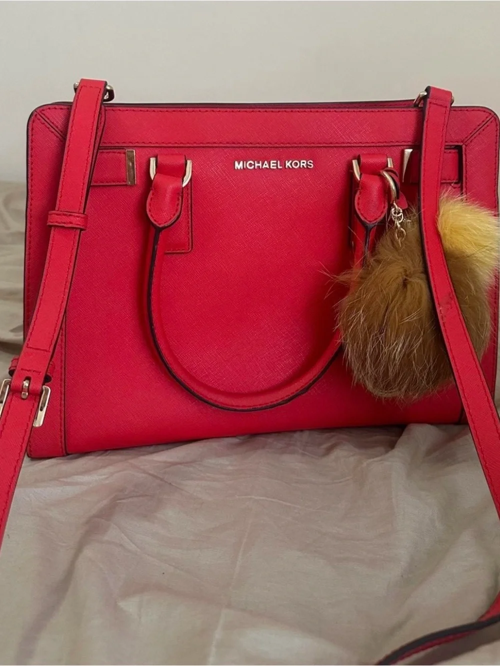 MICHAEL KORS Bright Red Saffiano Satchel with Fur Pom